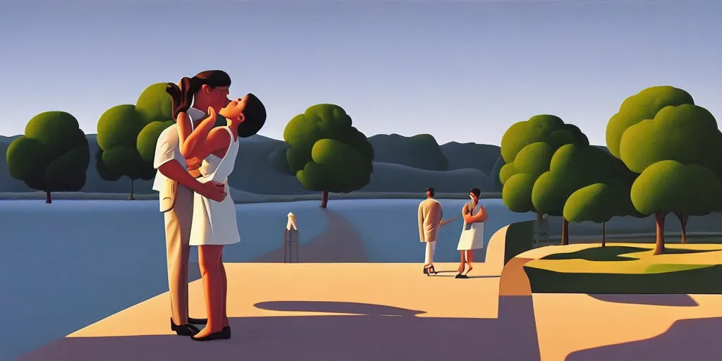 Prompt: the kiss, blue sky, summer evening, kenton nelson