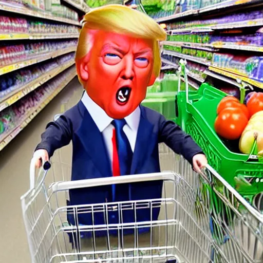 Image similar to a supermarket where every shopping cart includes a tiny, angry clone of donald trump that sits in the basket and screams for the duration of your shopping trip