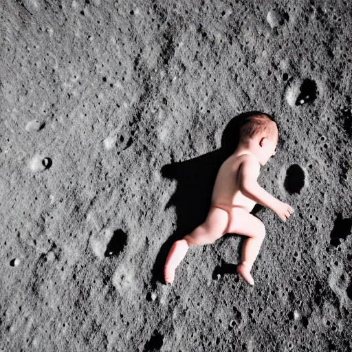 Prompt: an infant child crawling on the surface of the moon, 🌕, baby, human, crawl, canon eos r 3, f / 1. 4, iso 2 0 0, 1 / 1 6 0 s, 8 k, raw, unedited, symmetrical balance, wide angle