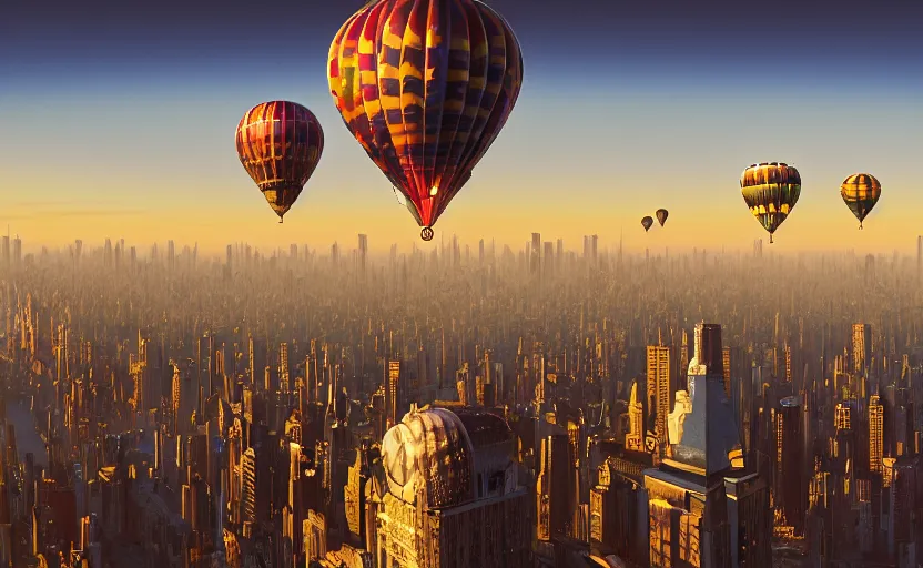 Image similar to hyperdetailed baloons made of liquid chrome floating over a cityscape at golden hour, by vladimir kush, by jeff koons, 8k resolution, realistic shadows, rendered in octane, hyperdetailed, meticulous, intricate