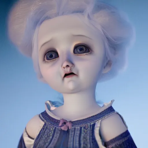 Prompt: a 3d rendered animated movie poster about eerily beautiful old cracked porcelain dolls with white hair, rendered in renderman, dramatic lighting, fine details, by pixar