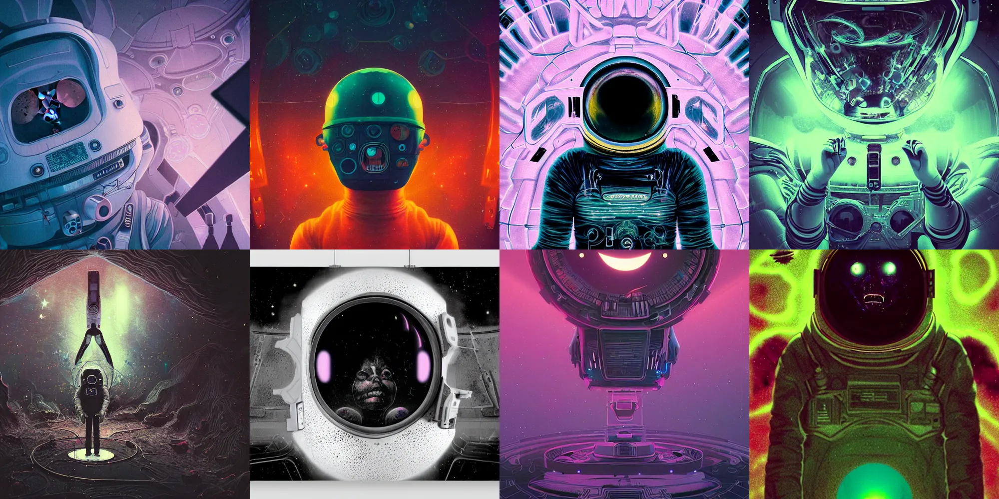 Image similar to beautiful dark astronaut, horror poster 9 0 s, cosmic horror, abstract, ghostly, arcade, duotone, poltergeist, lets get weird, intricate, elegant, highly detailed, smooth, sharp focus, unreal engine 5, raytracing, art by beeple and mike winkelmann, ultraviolet colors,