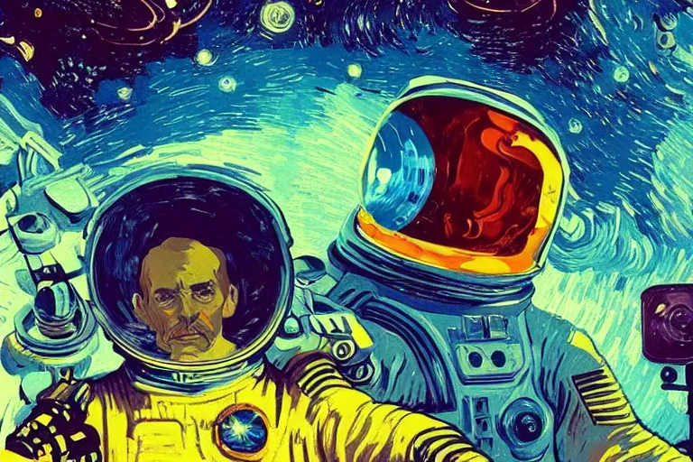 Image similar to digital painting of an astronaut in space, by paul lehr and vincent di fate and van gogh, highly detailed, intricate, science fiction, galaxies, stars, supernova, black hole, galaxy, planet, void, artstation, portrait, cinematic lighting, studio ghibli color pallette, neon lights, trippy, retrofuturism, portrait