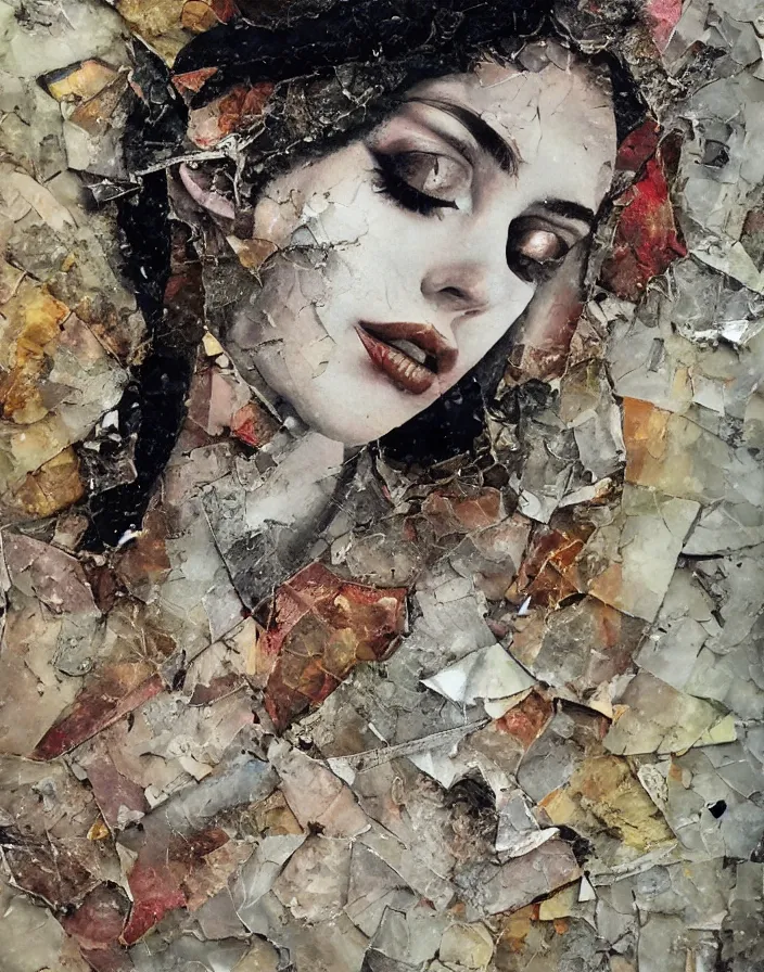 Prompt: female celestial languid extasy detailed analogue mixed collage with canvas texture in style of contemporary art, punk art, realistic beautiful face, photorealism, expressionism, masterpiece, perfect composition, spectacular quality, intricate oil details, broken glass photo, torn paper intricate texture