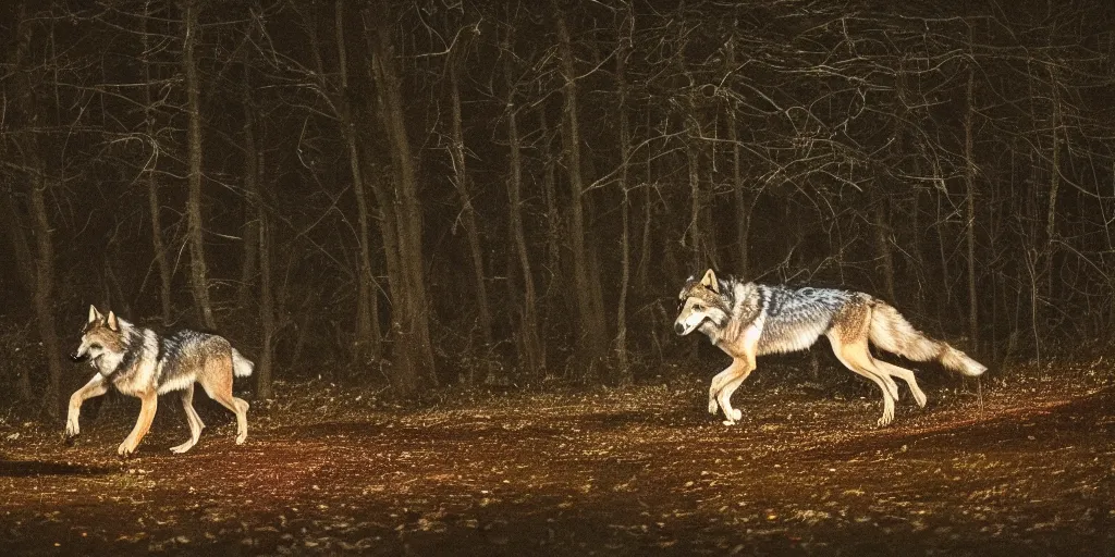 Prompt: wolf running through a forest at nighttime, illuminated by the full moon