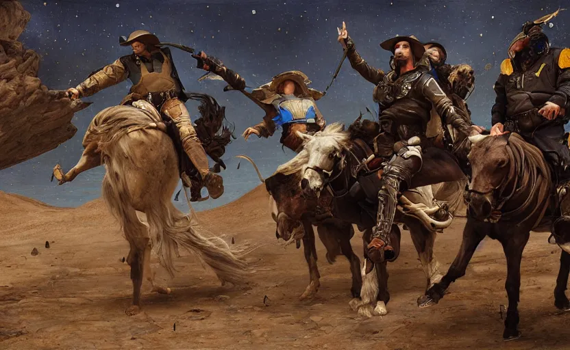 Prompt: a cowboy shootout on the moon by edgar maxence and caravaggio and michael whelan and delacroix style, artistic, intricate painting, cinematic lighting, hyper realistic, extremely detailed, establishing shot, 8 k resolution, dramatic lighting