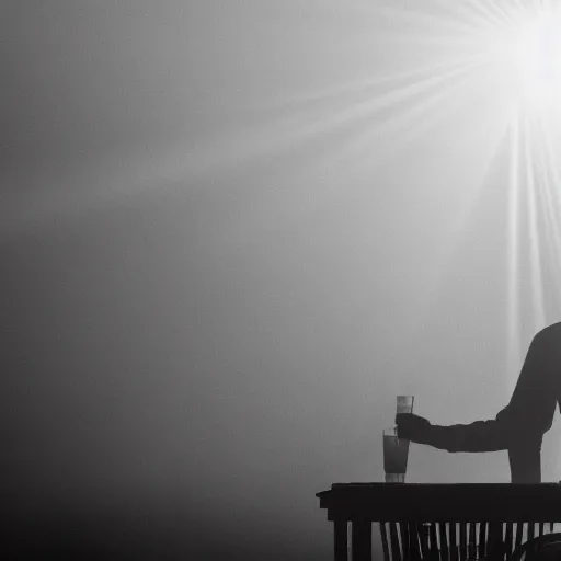 Image similar to a still of jesus sitting down on a stool at the bar, last call. it's dark and smoky. god rays through fog.