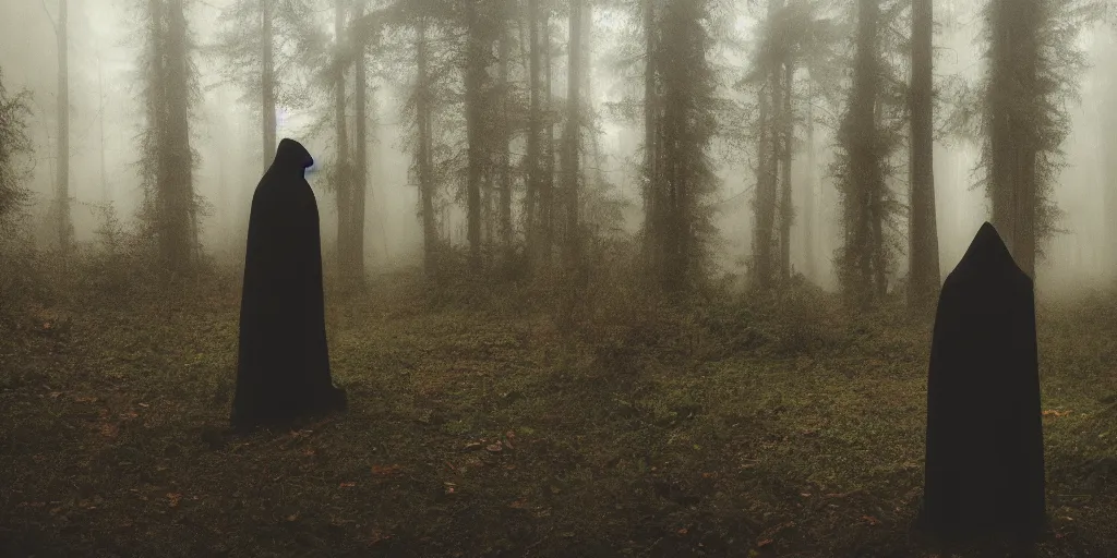 Image similar to a close shot of a grim reaper standing in a forest, detailed, style of flooko, mythical, mist, depressing, tired, dark, lush, nature, mist, mystery, glows, somber, dismal, fog, heavy fog, dark lighting, rim light, glow, ambient light, cybernetic, sci-fi,