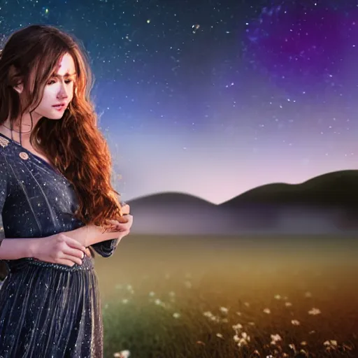 Prompt: most beautiful young face Gaelic woman walking under starry night, extremely detailed faces, photorealistic, cinematic