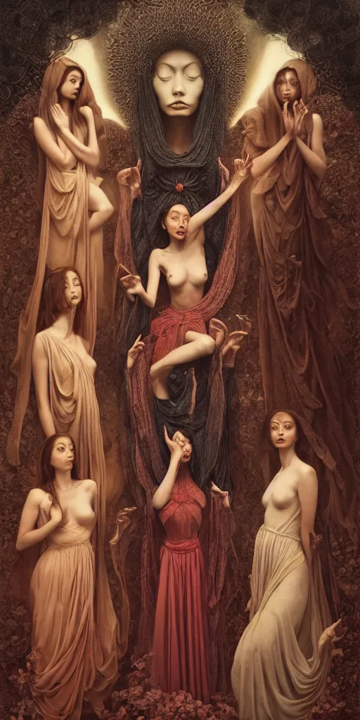 Prompt: the three fates, gemma chen, madison beer, angela sarafyan, pinup, intricate beautiful faces, surrealistic painting by agostino arrivabene, vanessa beecroft, anka zhuravleva, mary jane ansell, peter mohbacher, gerald brom