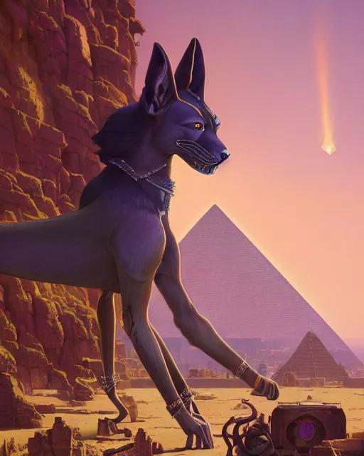 Image similar to highly detailed vfx portrait of anubis, pyramid behind, sky galaxy purple, unreal engine, greg rutkowski, loish, rhads, beeple, makoto shinkai and lois van baarle, ilya kuvshinov, rossdraws, tom bagshaw, alphonse mucha, global illumination, detailed and intricate environment