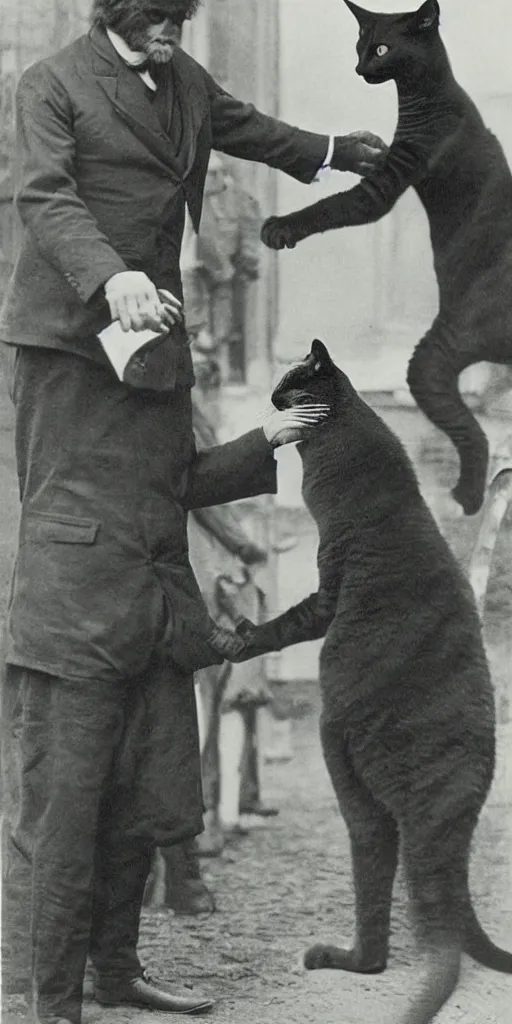 Image similar to tall t rex shaking hands with a cat, Business men. anamorphic, strange, photograph, 1860s