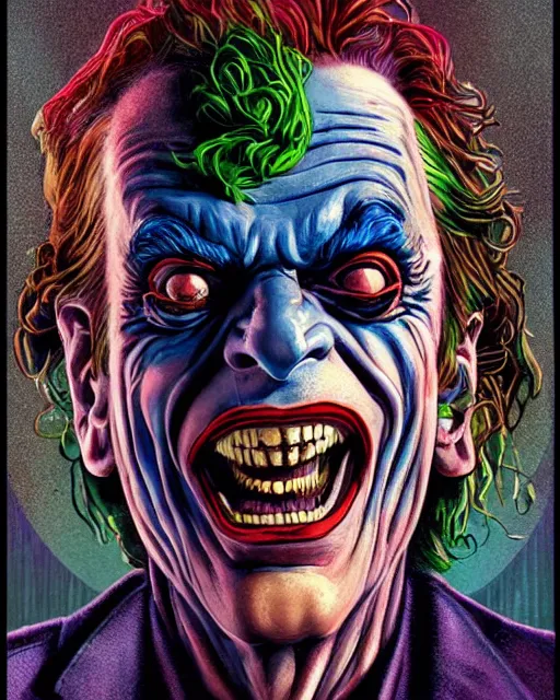 Prompt: christopher lloyd as the joker, big smile, grotesque, horror, high details, bright colors, striking, intricate details, by vincent di fate, artgerm julie bell beeple, 1 9 8 0 s, inking, vintage 8 0 s print, screen print