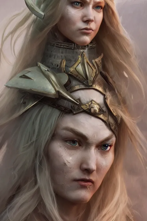 Image similar to ultra detailed powerful female viking, blond long hair, green eyes, axe, battle ready, sharp bone structure, extremely detailed digital painting, in the style of fenghua zhong and ruan jia and jeremy lipking and peter mohrbacher, mystical colors, rim light, beautiful lighting, 8 k, stunning scene, raytracing, octane, trending on artstation