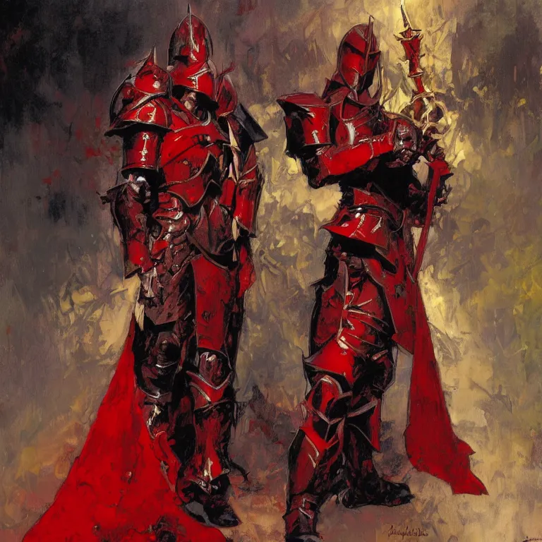 Image similar to crusade paladin in red and black armor painting, henry asencio, craig mullins, alphonse mucha, greg ruthowski