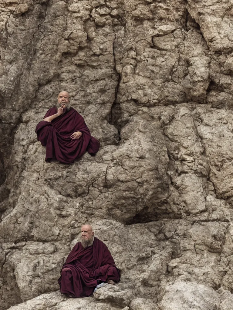 Image similar to hyperdetailed full length portrait of an ancient old monk sitting in contemplation on a singular rock, closed eyes, sharp small focus on the highly detailed monk face, minimalistic scenery, by ridley scott, cinematic light, 4k , diviant art