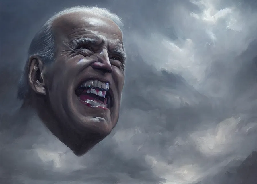 Prompt: large abstract painting of giant Joe Biden grinning evil emperor of the world emerging in dark clouds, cosmic horror, evil, dangerous, trending on ArtStation, masterpiece, by Greg Rutkowski, by Ross Tran, by Fenghua Zhong, octane, lightbeam eyes, soft render, clear facial features, oil on canvas, immense crowd of people, moody lighting, cinematic, professional environment concept art