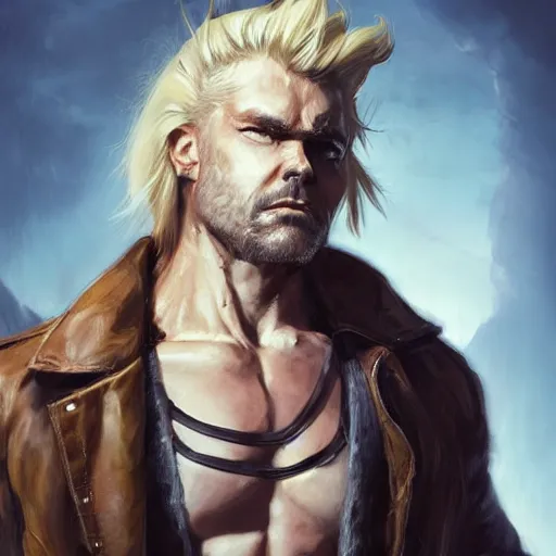 Image similar to portrait of a muscular, grim, ponytail haired blonde man in his late 30's, wearing a thick brown leather coat, looking to his side, scarred face, blue eyes, hunter, DnD character, fantasy character, dramatic lighting, digital art by Ruan Jia, Krenz Cushart, Rossdraws and Boris Vallejo