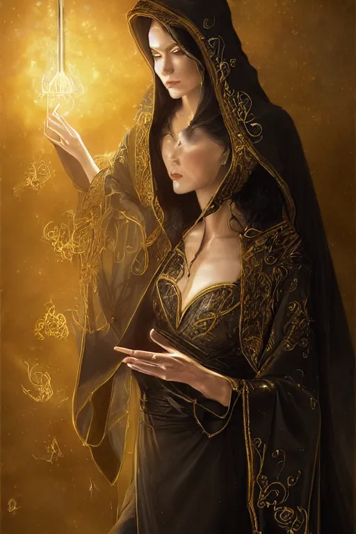 Prompt: a portrait of a sorceress wearing a black robe with gold embroidery, casting a spell, in a mysterious inner sanctum, painted by artgerm and tom bagshaw, in the style of magic the gathering, highly detailed digital art