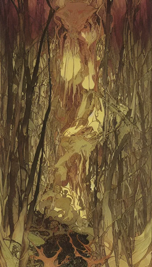 Image similar to a storm vortex made of many demonic eyes and teeth over a forest, by alfons maria mucha