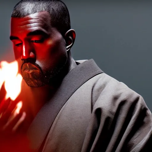 Prompt: cinematic film still of Kanye West starring as a Samurai holding fire, Japanese CGI, VFX, 2022, 40mm lens, shallow depth of field, film photography