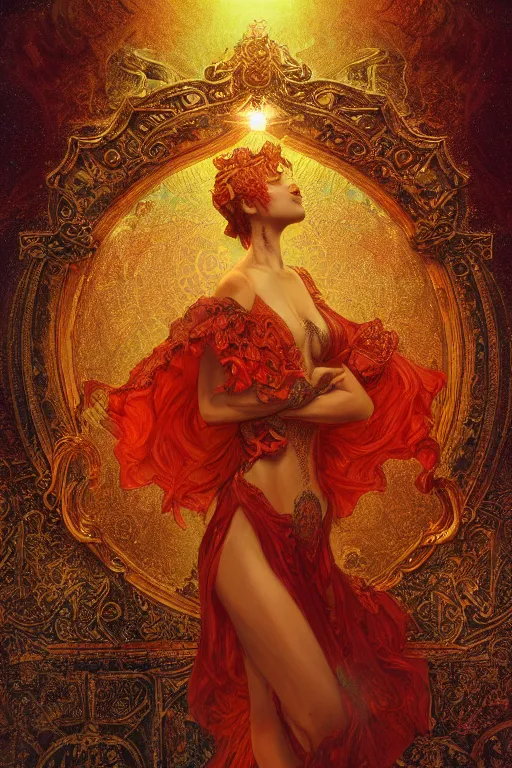 Image similar to tarot card artstation, portrait of a black love dancer, sunrise, baroque ornamnet and rococo ornament, ancient chinese ornate, hyperdetailed, beautiful lighting, craig mullins, mucha, klimt, yoshitaka amano, red and gold and orange color palatte