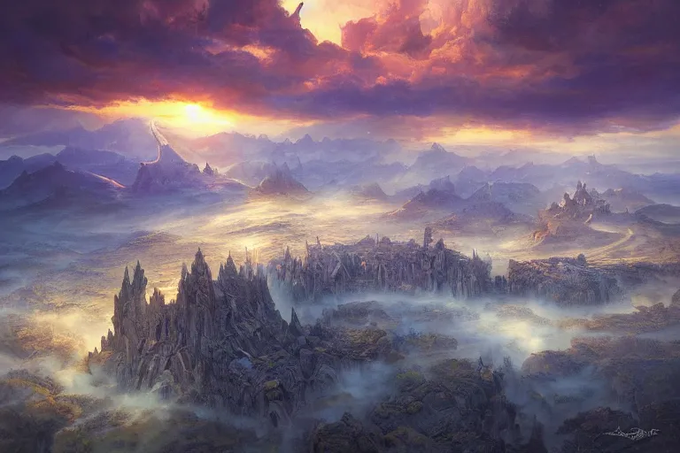 Image similar to fantasy painting, aerial view of an ancient land, sunset and ominous shadows over the kingdom by jessica rossier and brian froud