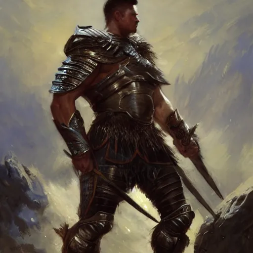 Prompt: a fierce and muscular male warrior in full armor, fantasy character portrait by greg rutkowski, gaston bussiere, craig mullins, simon bisley