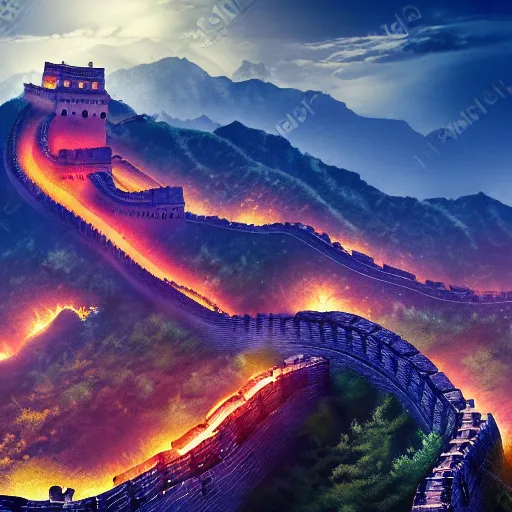 Prompt: the great wall of china getting remodeled to fit the cyberpunk city behind it, high detail, 4 k, neon lights