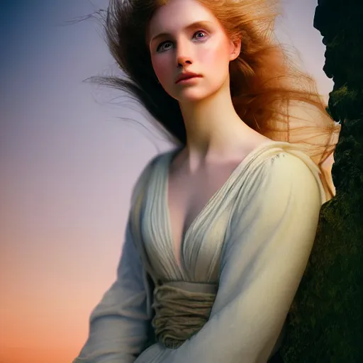 Image similar to photographic portrait of a stunningly beautiful english female maiden in soft dreamy light at sunset, contemporary fashion shoot, by edward robert hughes, annie leibovitz and steve mccurry, david lazar, jimmy nelsson, extremely detailed, breathtaking, hyperrealistic, perfect face, octane render