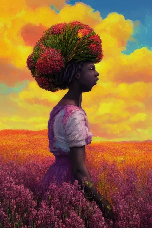 Image similar to closeup, giant flower as head, african woman in heather field, surreal photography, golden hour, colorful clouds, impressionist painting, digital painting, artstation, simon stalenhag