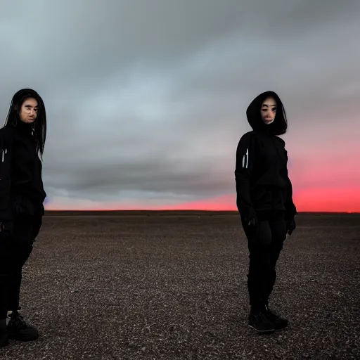 Image similar to photograph of 2 women wearing black techwear in front of a brutalist sharp - edged metal building, on a desolate plain, red eerie sky, sigma 8 5 mm f / 1. 4, 4 k, depth of field, high resolution, 4 k, 8 k, hd, full color