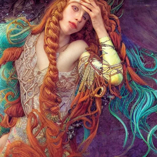 Image similar to intricate detail, hyper detail, gaston bussiere, sandro botticelli style photoshoot, lady gaga, artpop act ii album, with neon aqua rapunzel dreadlocks, detailed, masterpiece, sharp focus,