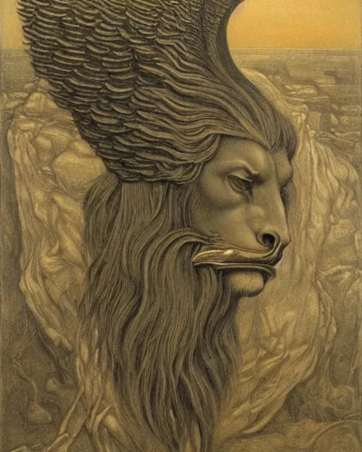 Prompt: a creature with the body and eyes of a man, with the beak of an eagle, the mane of a lion, and the horns of an ox by jean delville