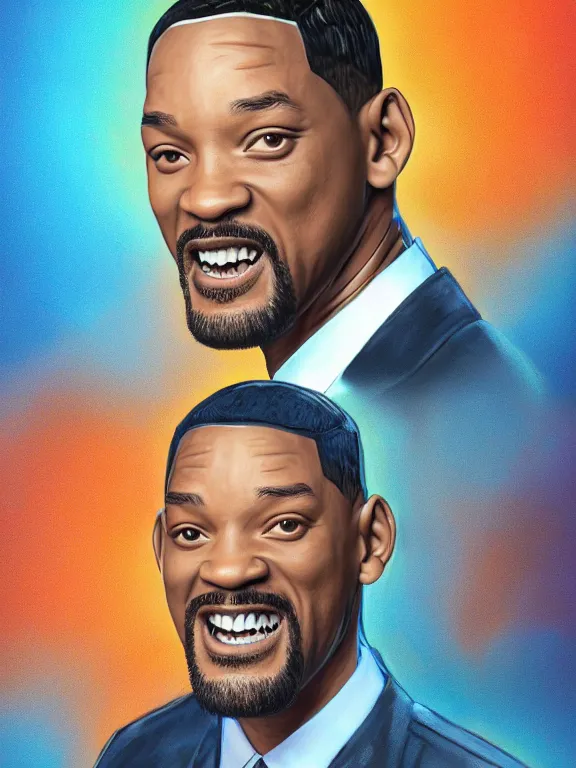 Image similar to portrait art of Will Smith with a suitcase with his face on it 8k ultra realistic , lens flare, atmosphere, glow, detailed, intricate, full of colour, cinematic lighting, trending on artstation, 4k, hyperrealistic, focused, extreme details, unreal engine 5, cinematic, masterpiece