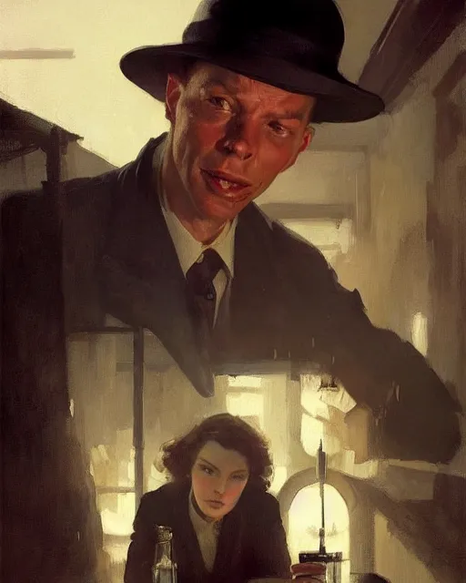 Image similar to young frank sinatra as a poor dystopian dieselpunk soviet bartender. art by greg rutkowski, gustave courbet, rosa bonheur, edward hopper. faithfully depicted facial expression, perfect anatomy, sharp focus, global illumination, radiant light, detailed and intricate environment, trending on artstation