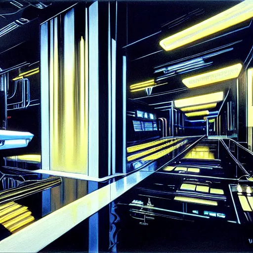 Prompt: painting of a bladerunner interior, syd mead