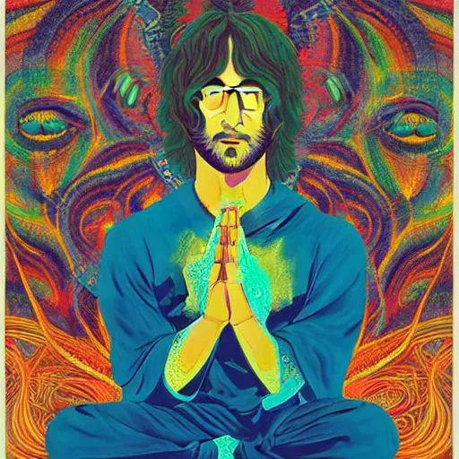 Image similar to young john lennon bodhisattva, praying, prayer hands, 1967 psychedelic portrait art in the style of Victo Ngai