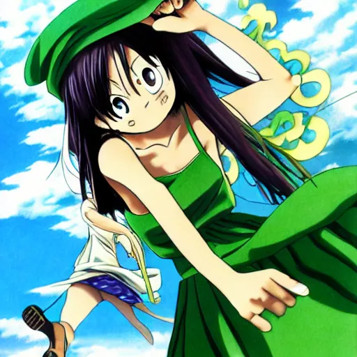 Image similar to anime, girl, green dress, flying, one piece, by eiichiro oda