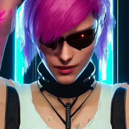 Prompt: female V from Cyberpunk 2077 wearing spiked black choker, steel collar, steel choker, punk, steel collar, 4K, realistic, spiked collar, art, beautiful,