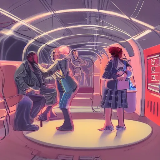 Image similar to fight between grandmas in the train moscow-ryazan, cyberpunk, neon, concept art