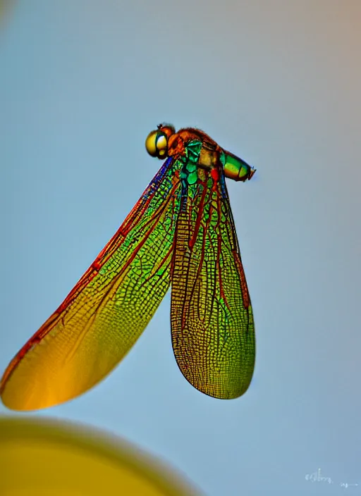 Prompt: dragonfly rainbow wing, natural light, photography, 300mm,high detail