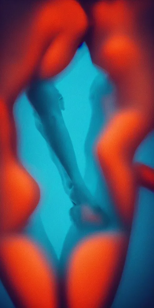 Image similar to a blurry closeup picture of abstract gorgeous human bodies gripping each other tightly, macro photography, long exposure photograph, surrealism, anamorphic bokeh, orange and cyan lighting, cinematic