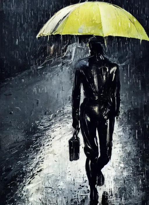 Image similar to senz umbrella, being held by short blonde hair, black leather suit supermodel, in the rain, a still from death stranding ( 2 0 1 9 ) action game, by ashley wood, 6 0's french movie poster, french impressionism, vivid colors, palette knife and brush strokes, concept art