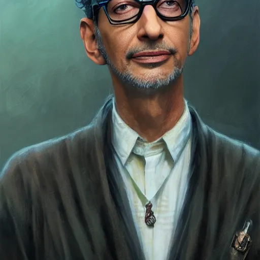 Prompt: jeff goldblum as a realistic fantasy d & d wizard, closeup portrait art by donato giancola and greg rutkowski, realistic face, digital art, trending on artstation