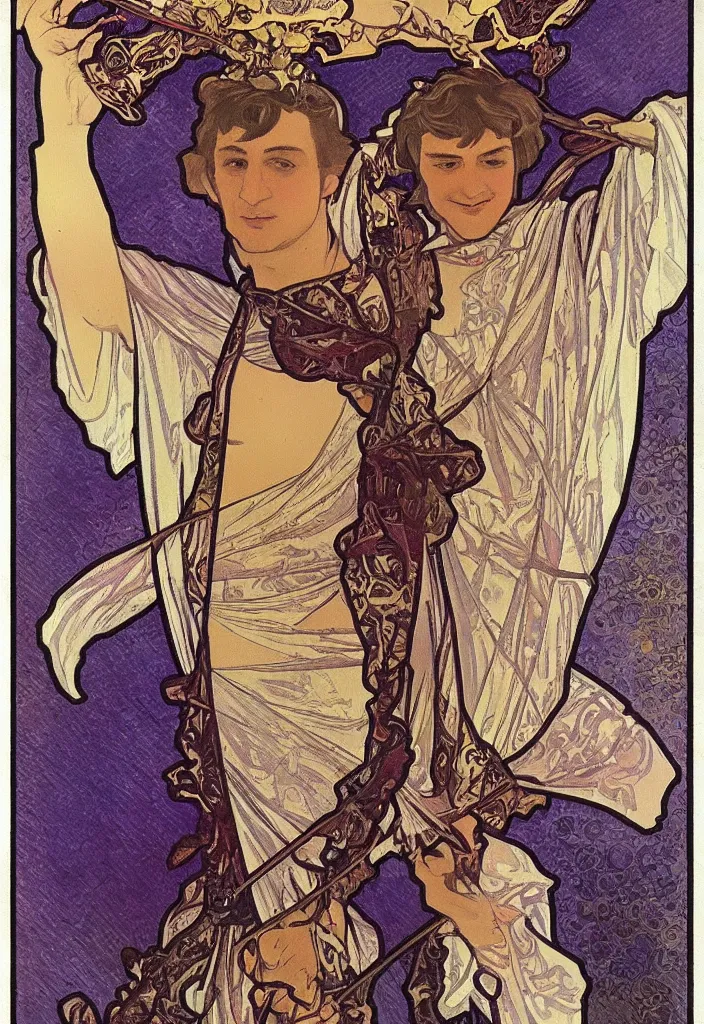 Image similar to geoffrey hinton in a crown on a tarot card, tarot in art style by alphonse mucha