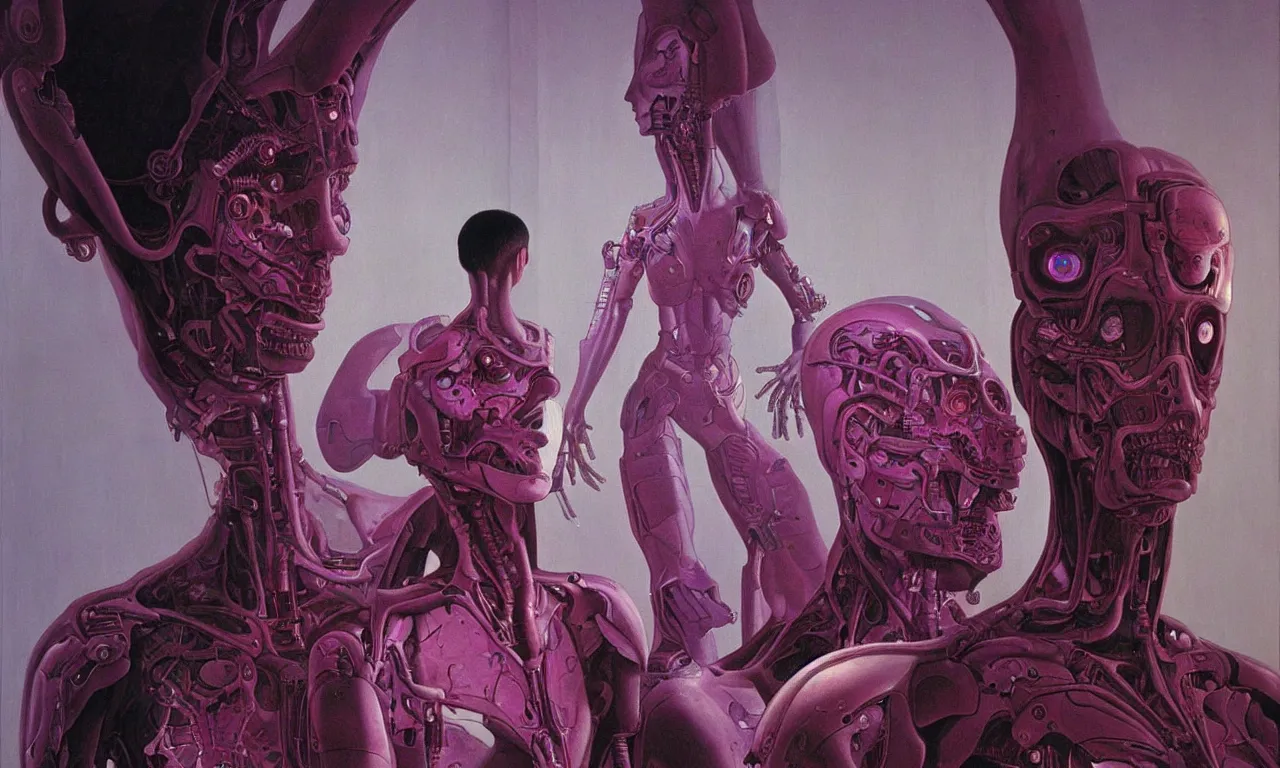 Image similar to painting by wayne barlowe. a cyborg in an art gallery looking at a painting of a beautiful woman staring back at them. intricate details