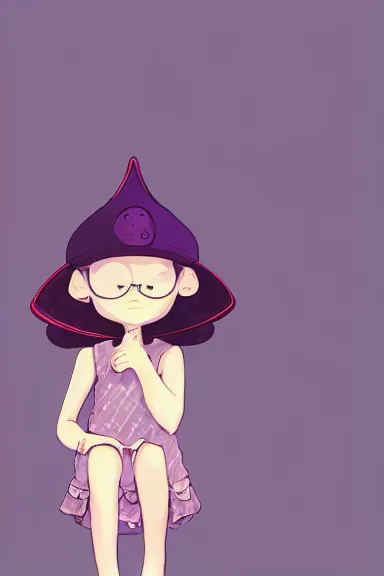 Image similar to a little girl wearing a mushroom hat in dress sitting | | purple curvy hair, pretty face, fine details, digial art by lois van baarle, anatomically correct, perfect composition, symmetrical, fantastic, clean details, anime character, extremely detailed