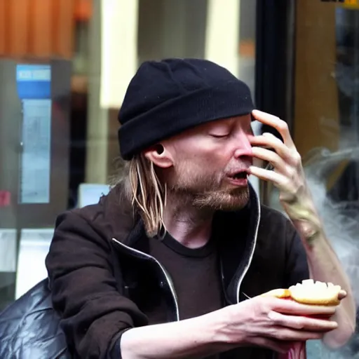 Image similar to thom yorke as a zombie eating people at mcdonalds in london