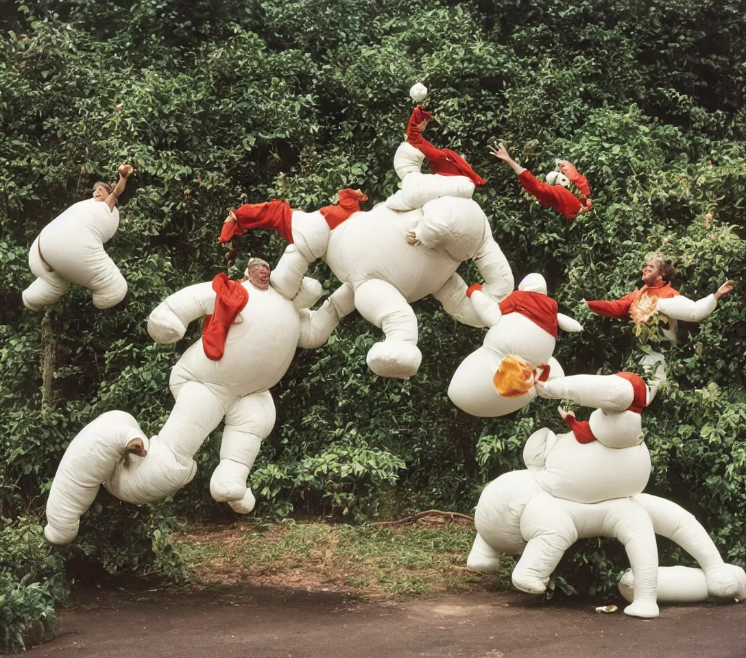 Image similar to a 3 5 mm photography, kodachrome colour, of grandpa fighting with white michelin man costume, riding a hippo, strange creatures and alien plants around, photos taken by martin parr